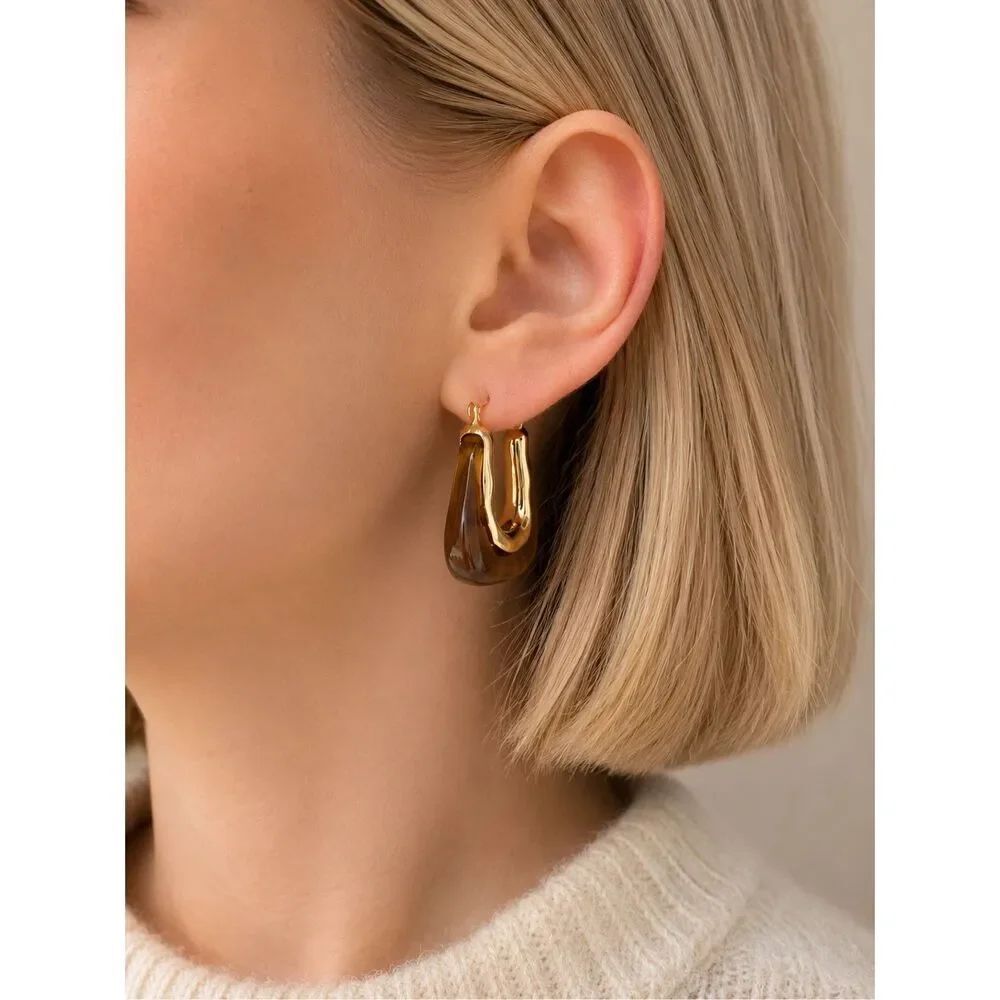 Brown Resin Gold Tone Geometric Hoop Earrings Statement Retro Modern Chic